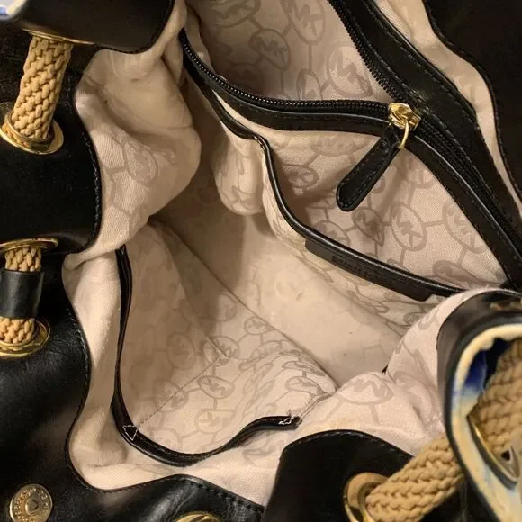 Michael Kors Marina Tie Dye Tote Blue Canvas Large Bag Tassel Gold Hardware - Picture 4 of 9